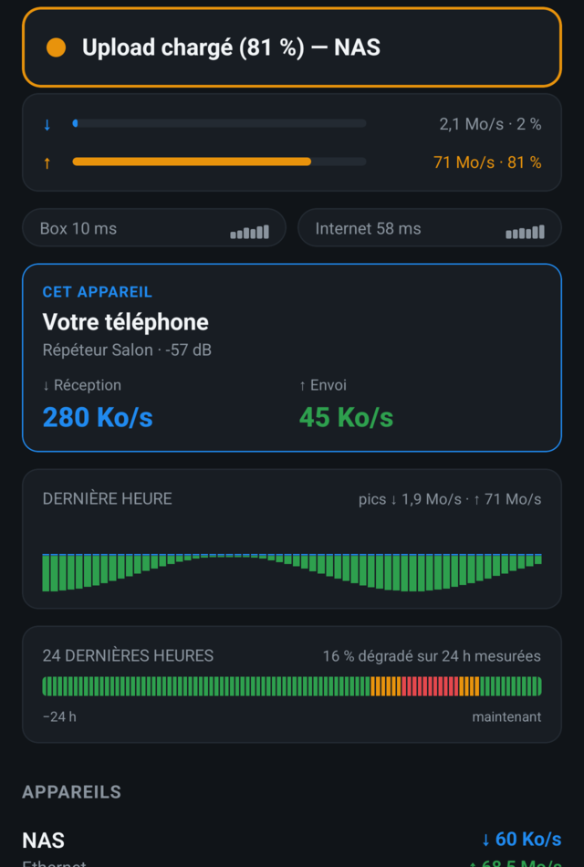 Freenetic sur Android&nbsp;: «&nbsp;Upload chargé (81 %) — NAS&nbsp;», jauge d'envoi à 71 Mo/s soit 81 % de la ligne, le NAS en tête de la liste des appareils.